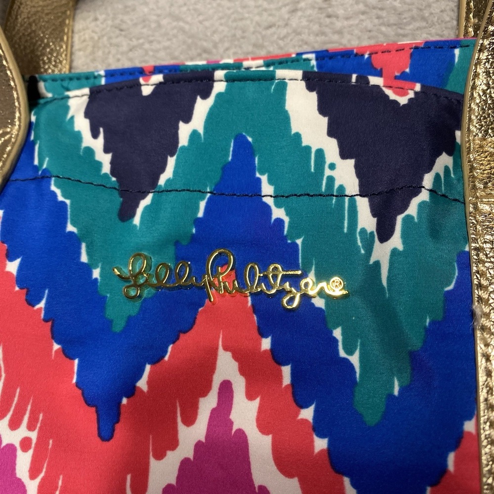 Lilly Pulitzer Tote Bag Multi Hearts A Flutter Gold Accents Tassel Expandable - Picture 2 of 8
